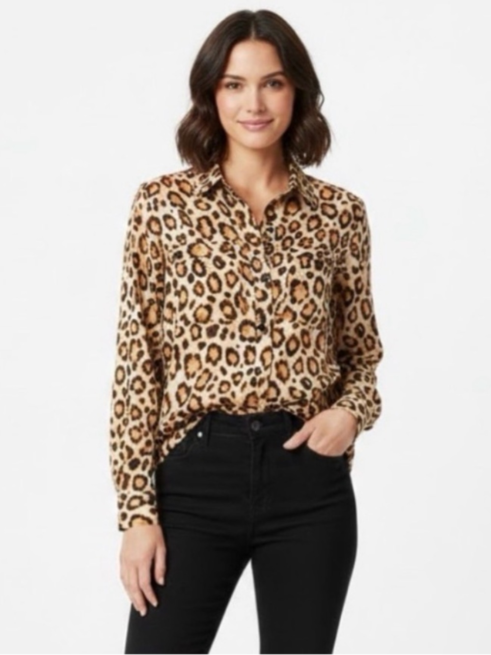 Jones New York Leopard Print Button Down Shirt Sz S